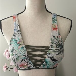 Tropical Print Bikini Top with Crisscross Detail